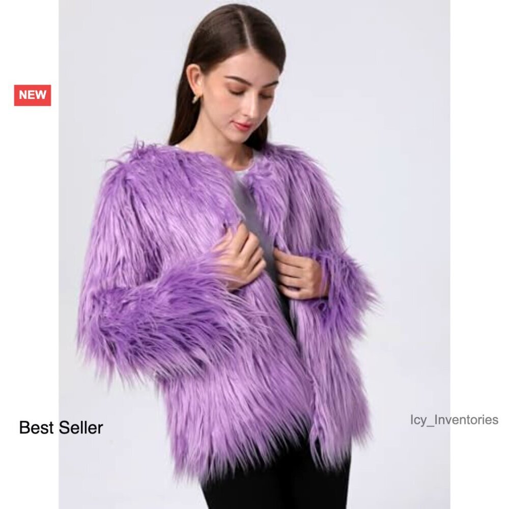 Faux Fur Coat Open Front Furry Parka Shaggy Jacket Loose Fit Cozy Chic - Picture 3 of 7
